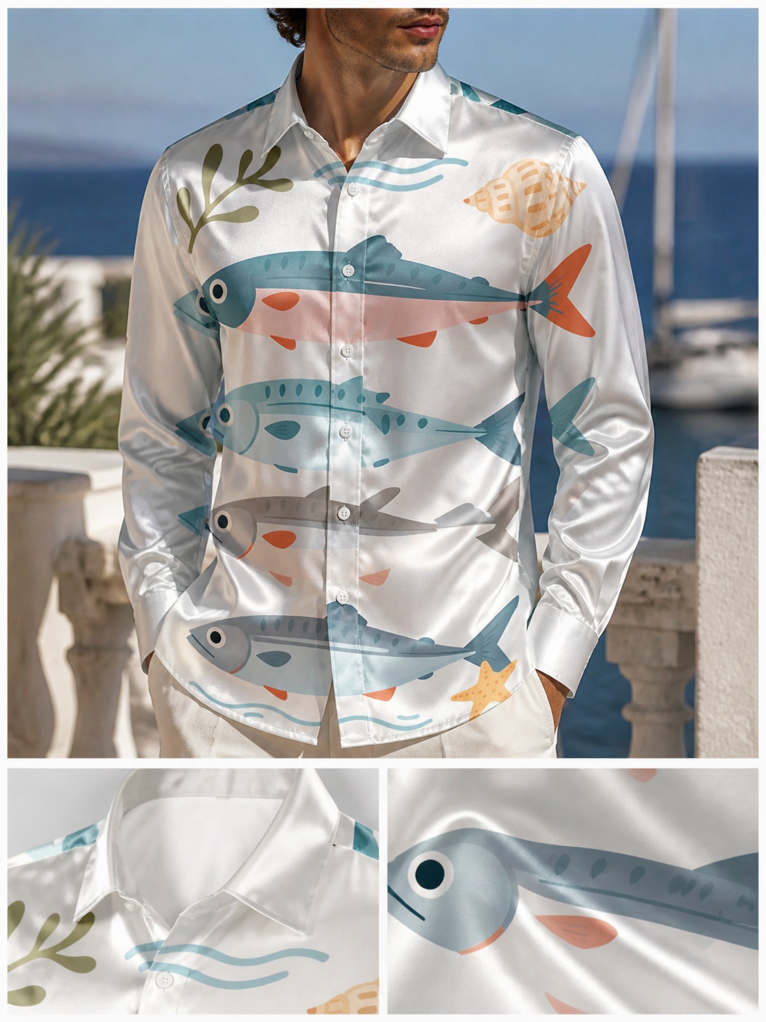 Mens Luxury Satin Long Sleeve  - đánh giá và giá Resort Shirt Floral